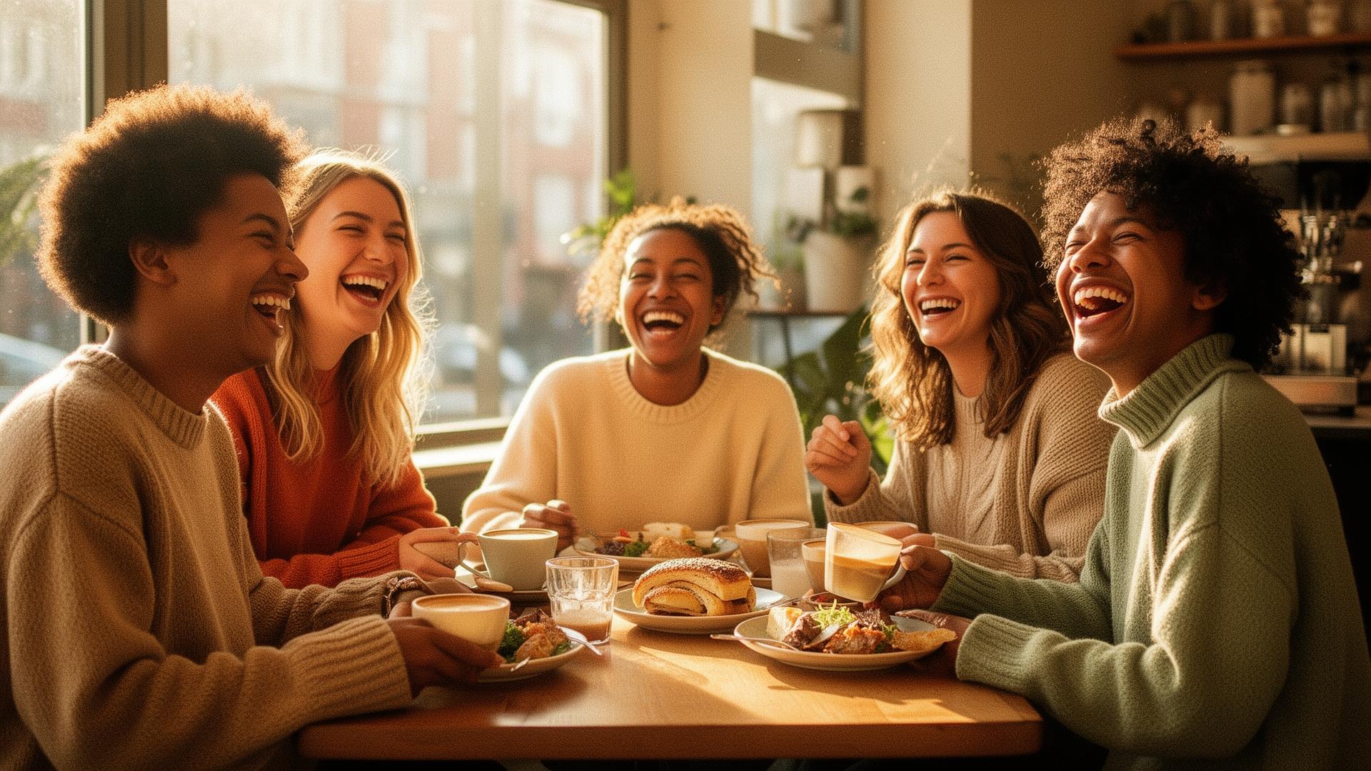 Five friends laughing together over coffee in a sunlit cafe